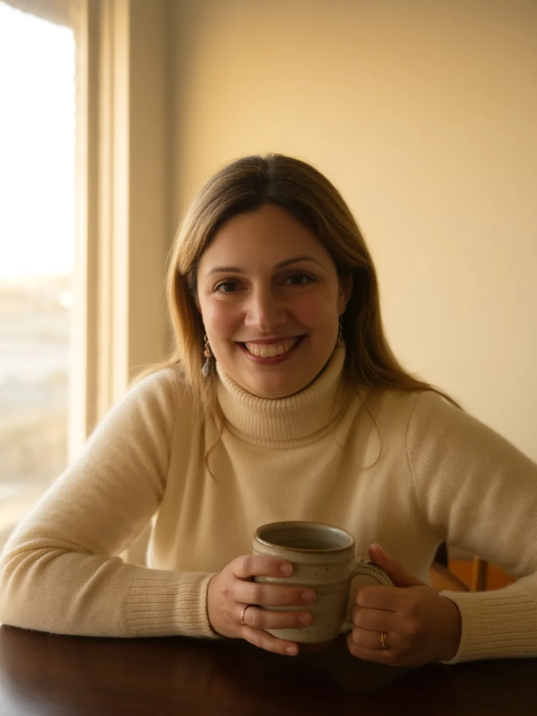 Creazione siti web: Irene Di Pascale sorride al tavolo con una tazza di ceramica fra le mani