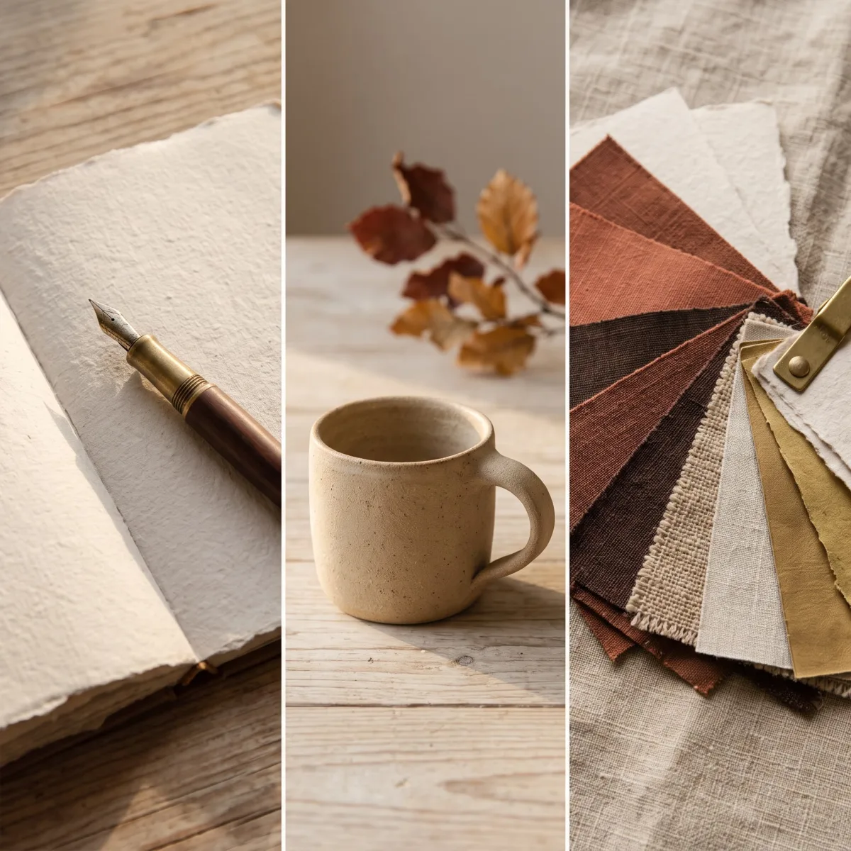 Realizzazione siti vetrina: penna su carta, tazza in ceramica e campionario tessuti nella palette Ceralacca