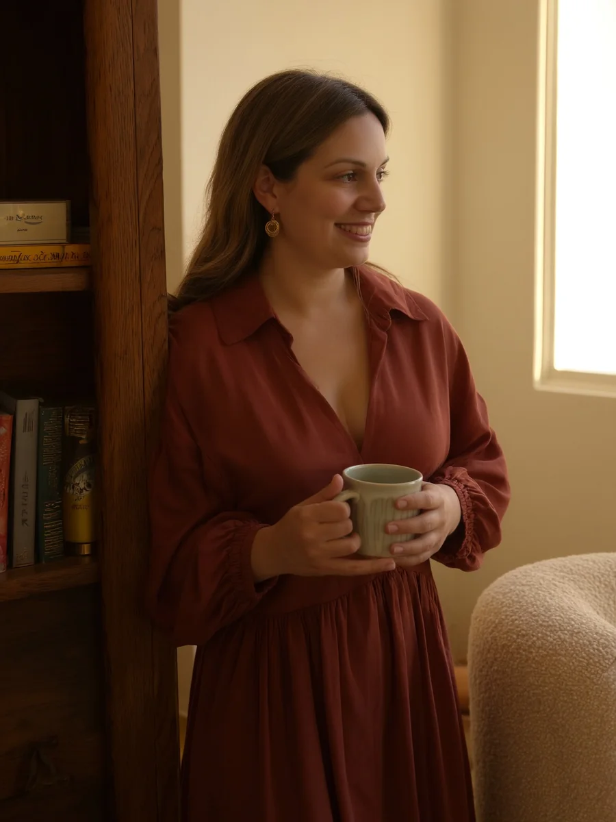 Servizi di brand identity: Irene Di Pascale appoggiata alla libreria del suo studio, con una tazza in mano