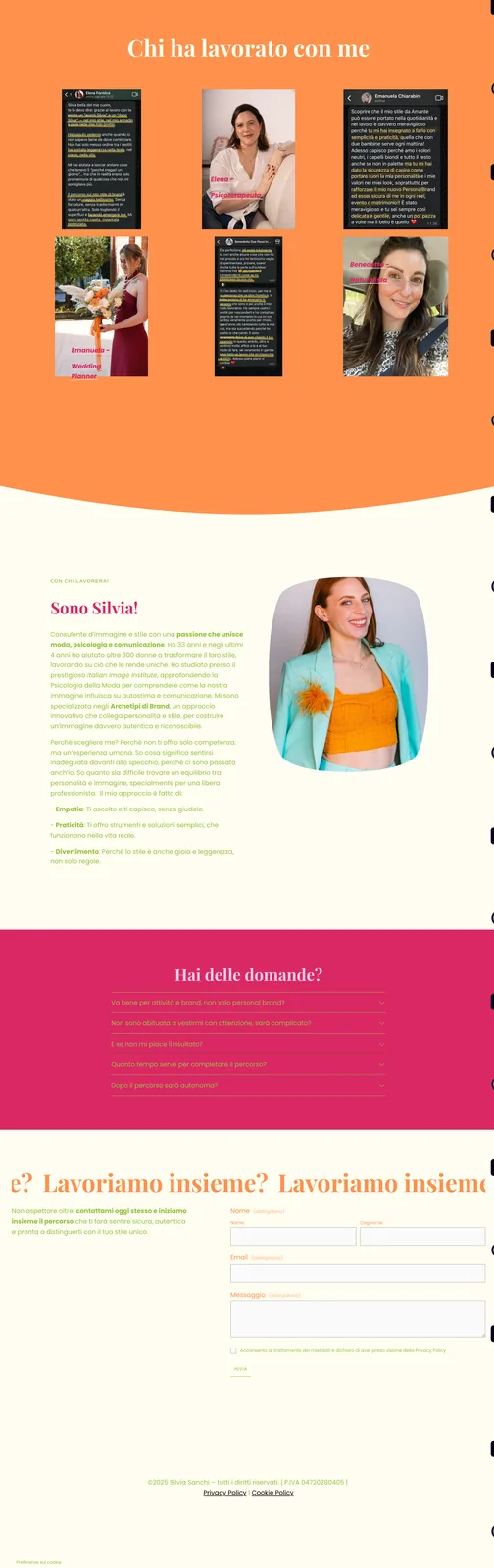Silvia Sanchi: la landing page con le testimonianze, la presentazione e le domande frequenti