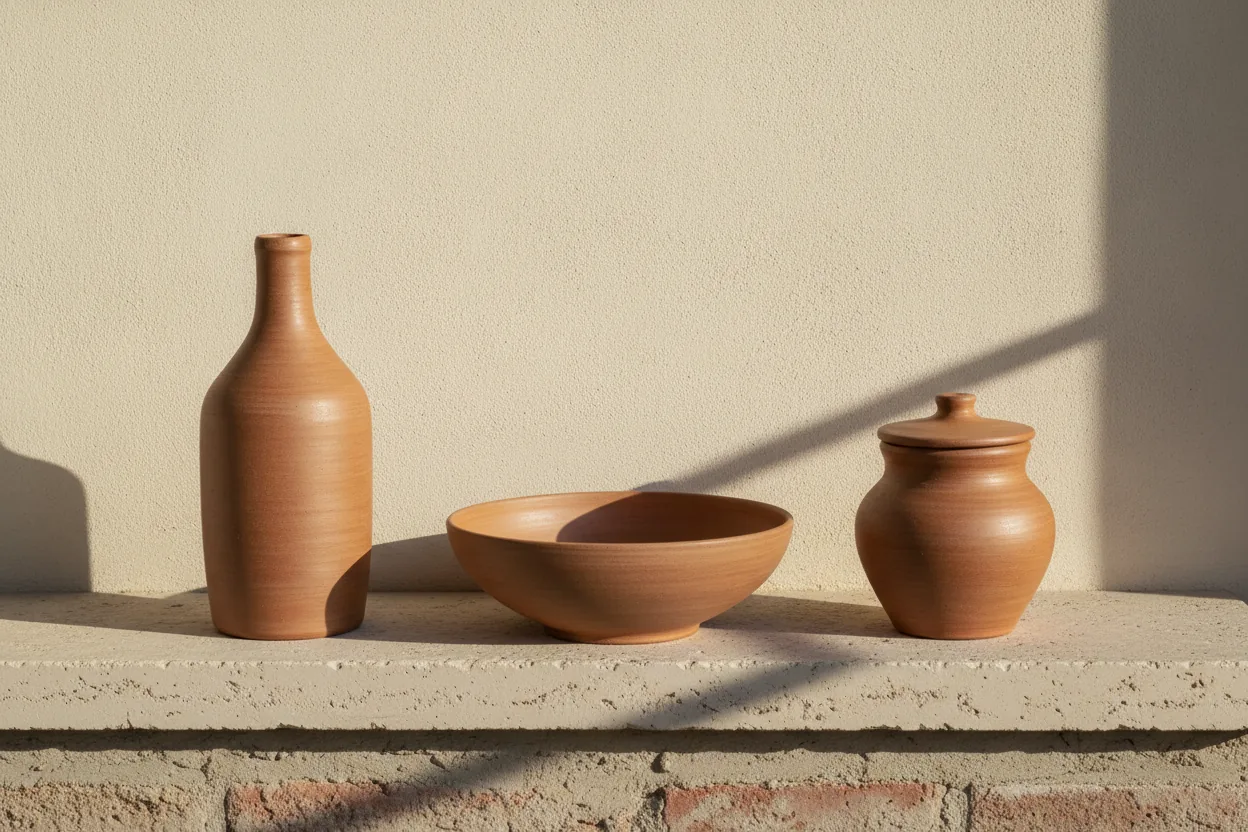 Landing page esempi: tre recipienti di terracotta su una mensola di pietra, una bottiglia, una scodella e un barattolo