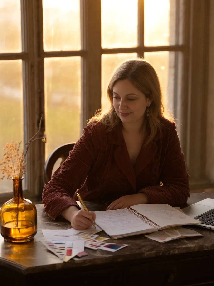 Realizzazione landing page: Irene Di Pascale scrive a mano su un quaderno, alla scrivania davanti alla finestra