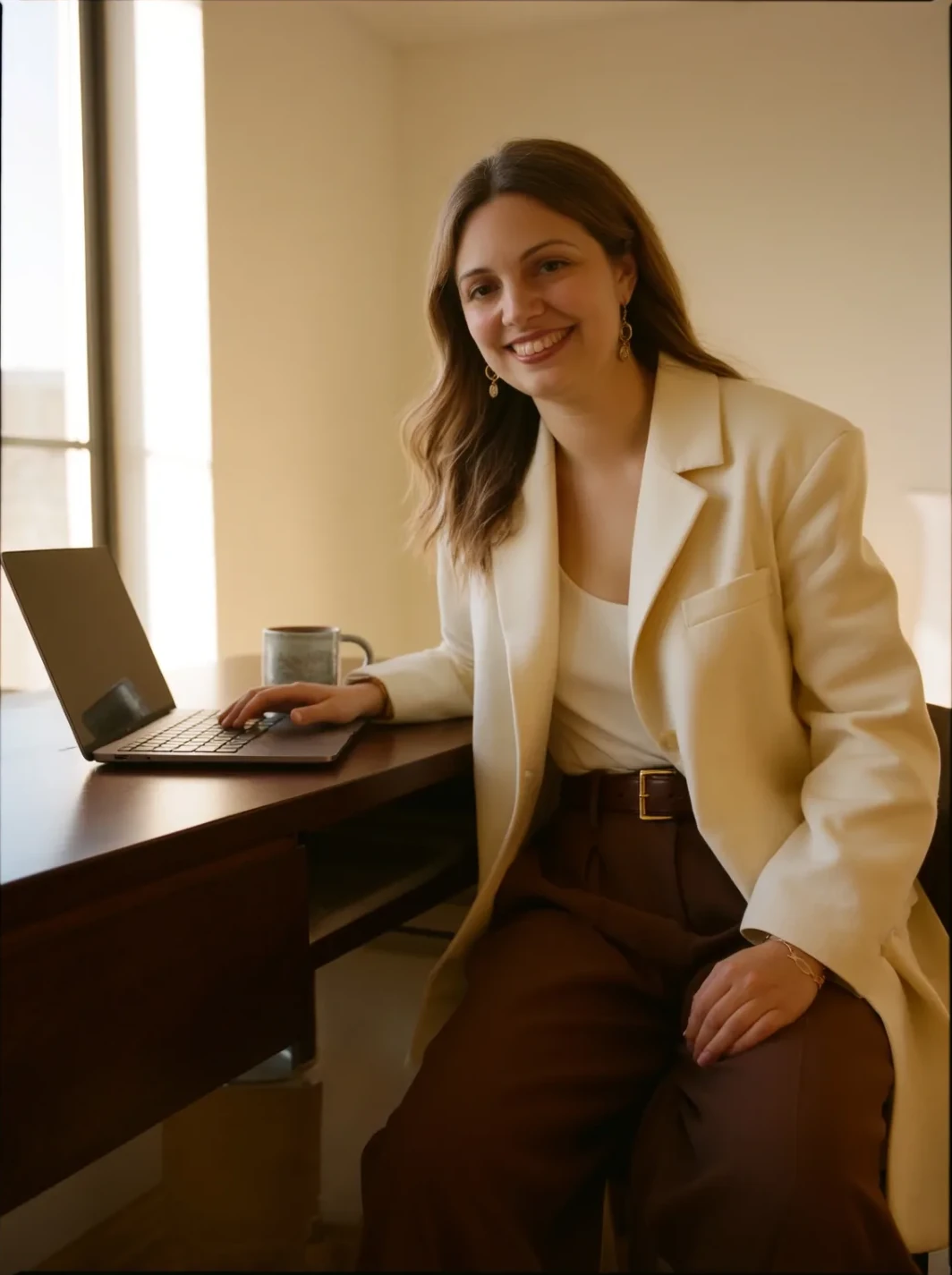Restyling siti web: Irene Di Pascale sorride seduta al portatile, giacca color panna