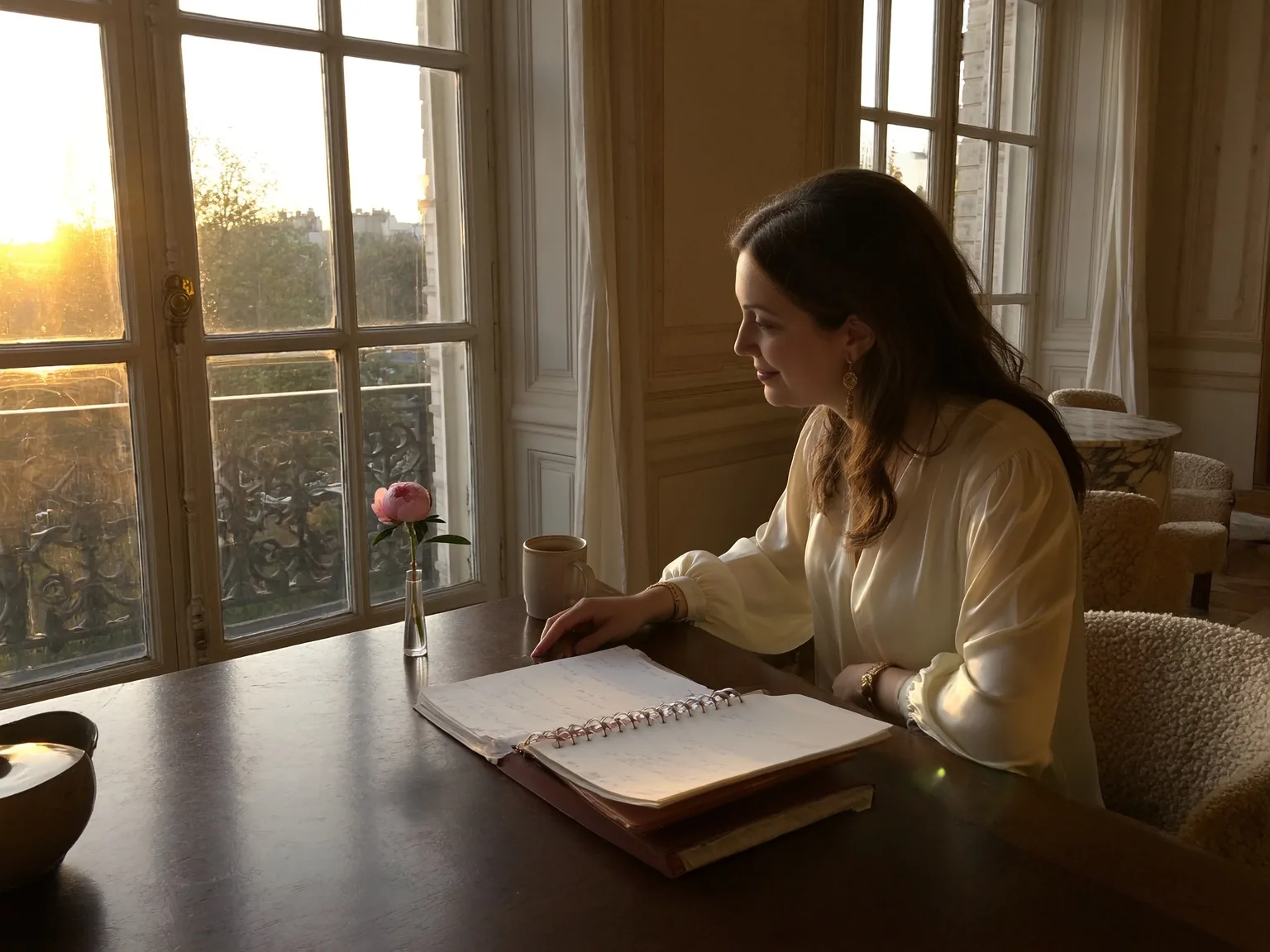 Web designer per il business al femminile: Irene Di Pascale di profilo scrive su un taccuino aperto, davanti a una grande finestra con la luce bassa del tardo pomeriggio